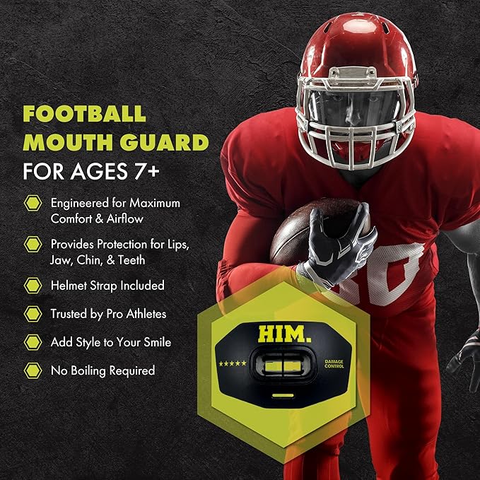 DAMAGE CONTROL Youth Football Mouth Guard – Breathable No Boil Mouthpiece, Protects Lips & Teeth, Works with Braces, Includes Helmet Strap – Sports Gear & Accessories (Him)