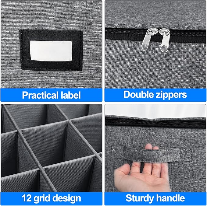 VERONLY 2 Pack Stemware and Glassware Storage Cases - Hard Shell Protection with Dividers for 24 Glasses, Stackable Moving Storage Container with Label & Handles - Crystal Glass - Dark Gray