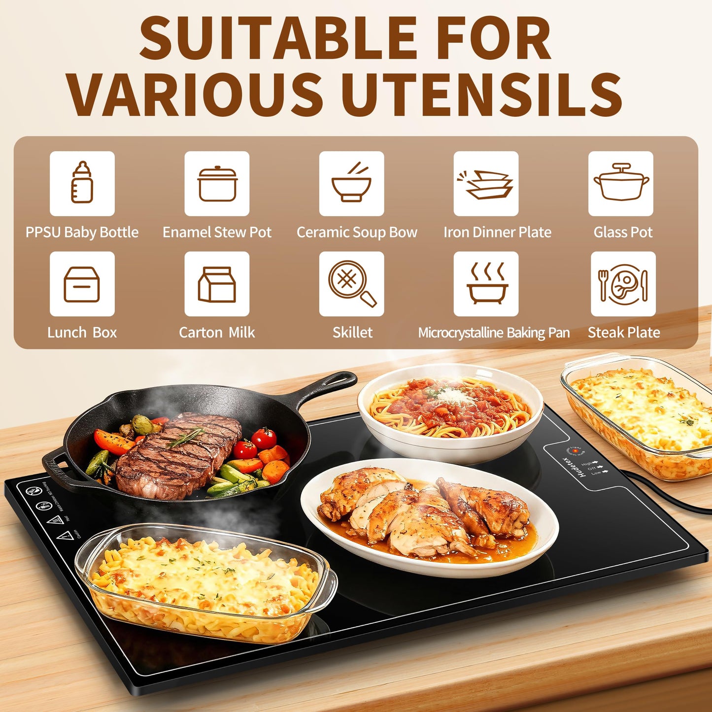 Warming Mat for Food (L 22"x14"), Warming Trays for Buffets Party & Daily Use, Temperature Control Food Warmer, Full Surface Warm Tempered Glass Food Warming Mat, Black Electric Warming Tray