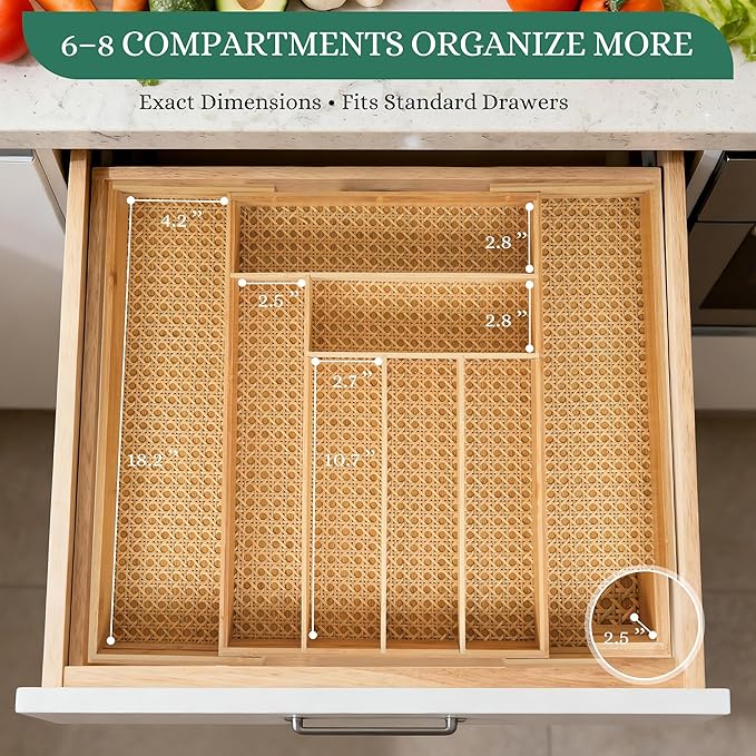 Bamboo & Rattan Expandable Drawer Organizer – Rustic Wood Utensil Holder, Cutlery Tray for Kitchen & Office – Adjustable Width 13" to 22", Size 13"x18"x2.6"