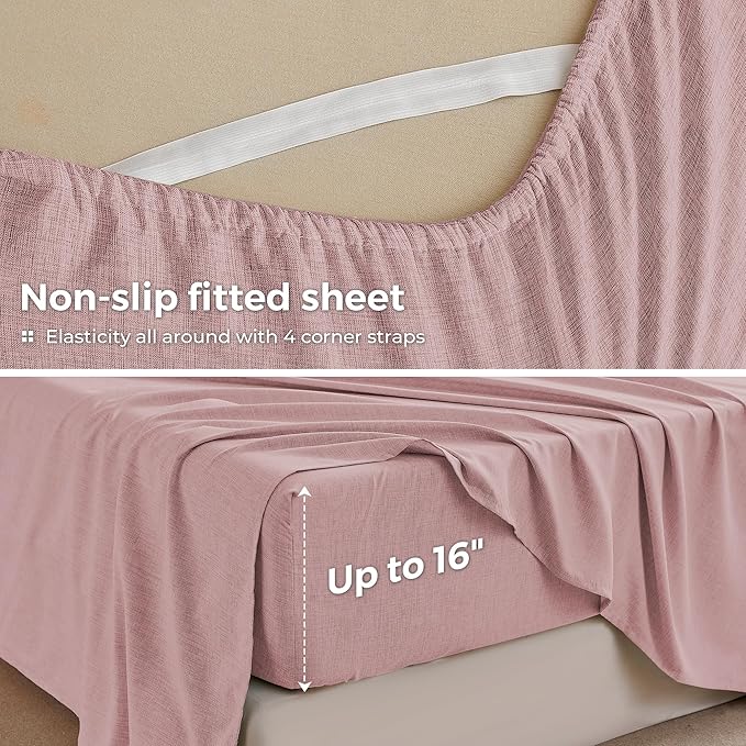 Queen Sheets Wine Red, Ultral Soft Cationic Linen Look Sheets, Luxury Cooling Cozy Bed Sheet Set with Non-Slip Fitted Sheet