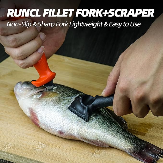 RUNCL Fishing Fillet Knife Combo Set, Fishing Tools Kit With 9" Fillet Knife, Fillet Fork, Knife Sharpener and Fish Scaler Remover, 4 Pieces fishing Kit Tool, Perfect for Fresh or Saltwater