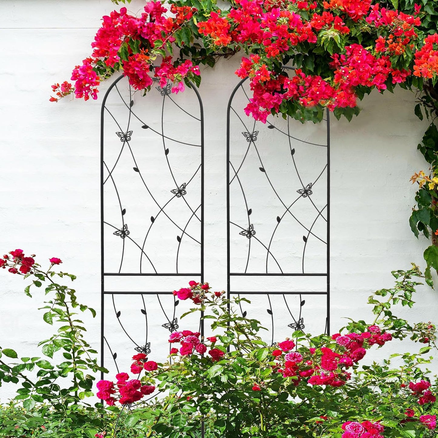 4 Pack Metal Garden Trellis for Climbing Plants, 71" Tall Rustproof Outdoor Trellis Panel with Butterfly Design, Decorative Black Iron Plant Support for Vine, Rose, Flower, Garden Wall