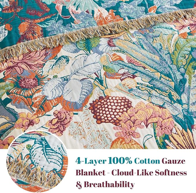 MSGKV Boho Throw Blanket for Couch 100% Cotton Floral Blanket 50"x60" Sofa Bed Chair Blanket All Seasons Farmhouse Muslin Breathable Lightweight Blankets Home Decor