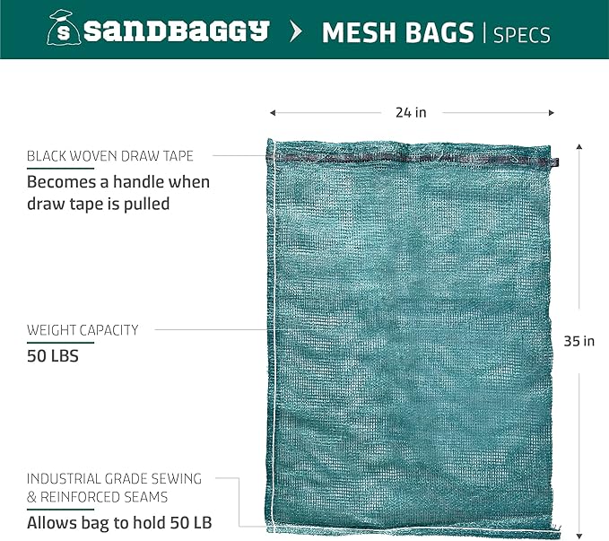 Sandbaggy Mesh Onion Produce Bags | XXL 24" x 35 Inch Bags | 50 lb Capacity | Breathable Fabric | Great for Packaging Produce & Fruit (Pack of 10)