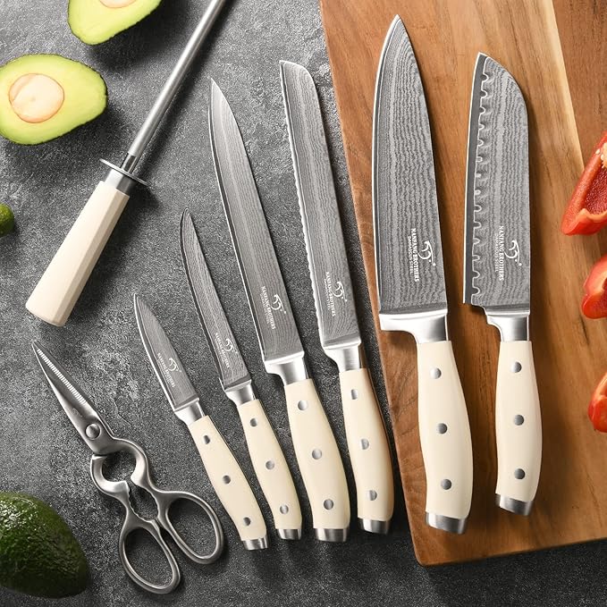 Damascus Kitchen Knife Set, 14 Pieces Kitchen Knife Set with Block, White ABS Ergonomic Handle for Chef Knife Set and Serrated Steak Knives Knife Sharpener and Kitchen Shears, Black Wooden Block