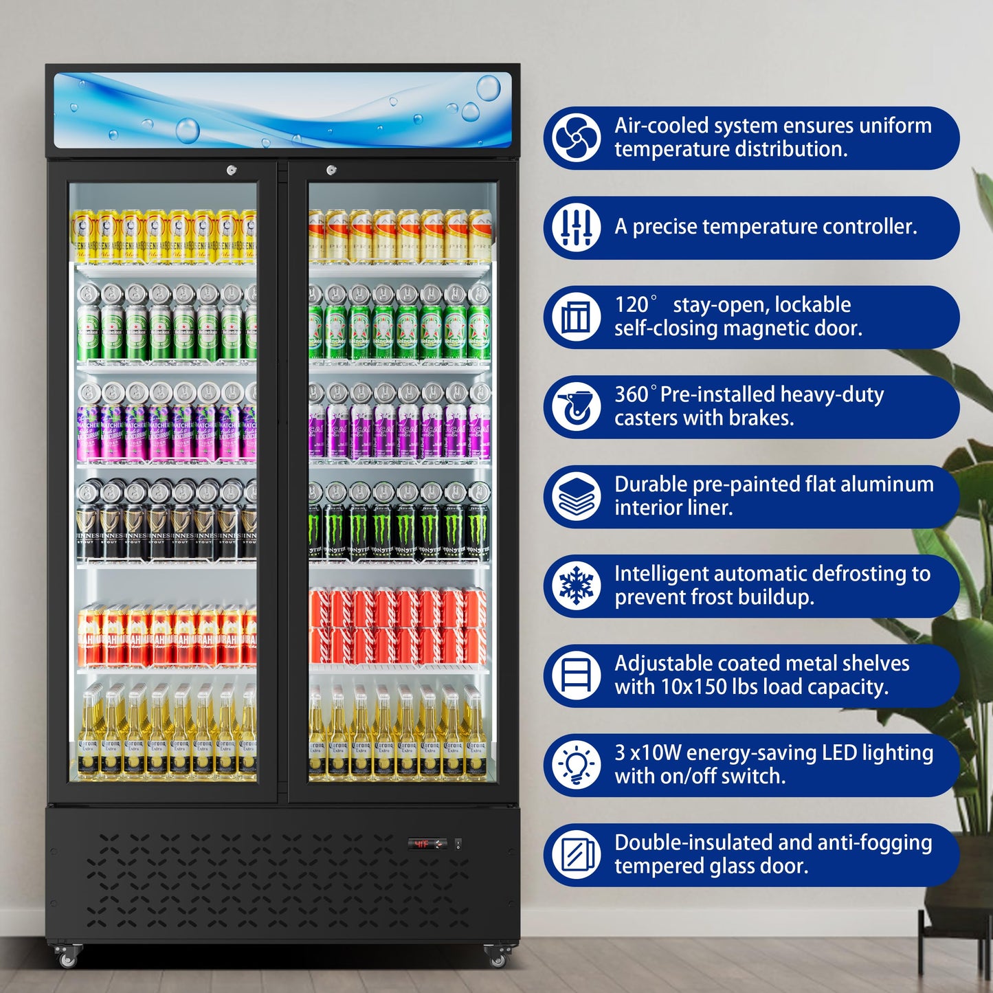 Beverage Cooler Commercial Refrigerator 40.3 Cu.Ft. Glass Door Display Refrigerator with LED Light, Shelves, Display 10 Commercial Beverage Refrigeratorfor Restaurant Cafe Bar Store (40.3 Cu.Ft.)