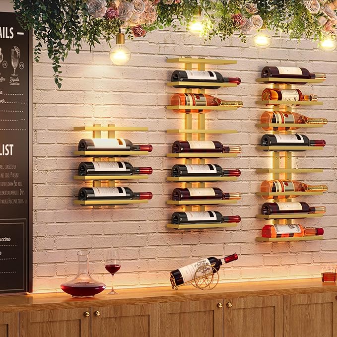 Hoctieon 2-Set 8 Tier Wall Mount Wine Rack (16 Tiers), Wall Racks for Wine Bottles Display and Storage, Hanging Bottle Organizer for Living Room, Dining Room, Wine Cellar, Bar, Gold