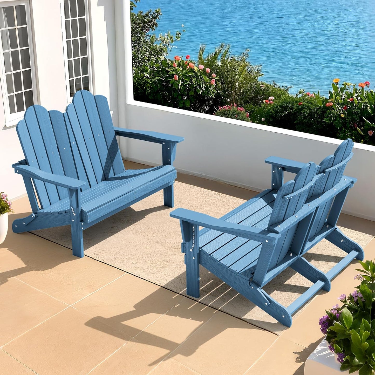 SERWALL Folding Adirondack Bench, HDPE All-Weather Adirondack Loveseat Set of 2, Navy