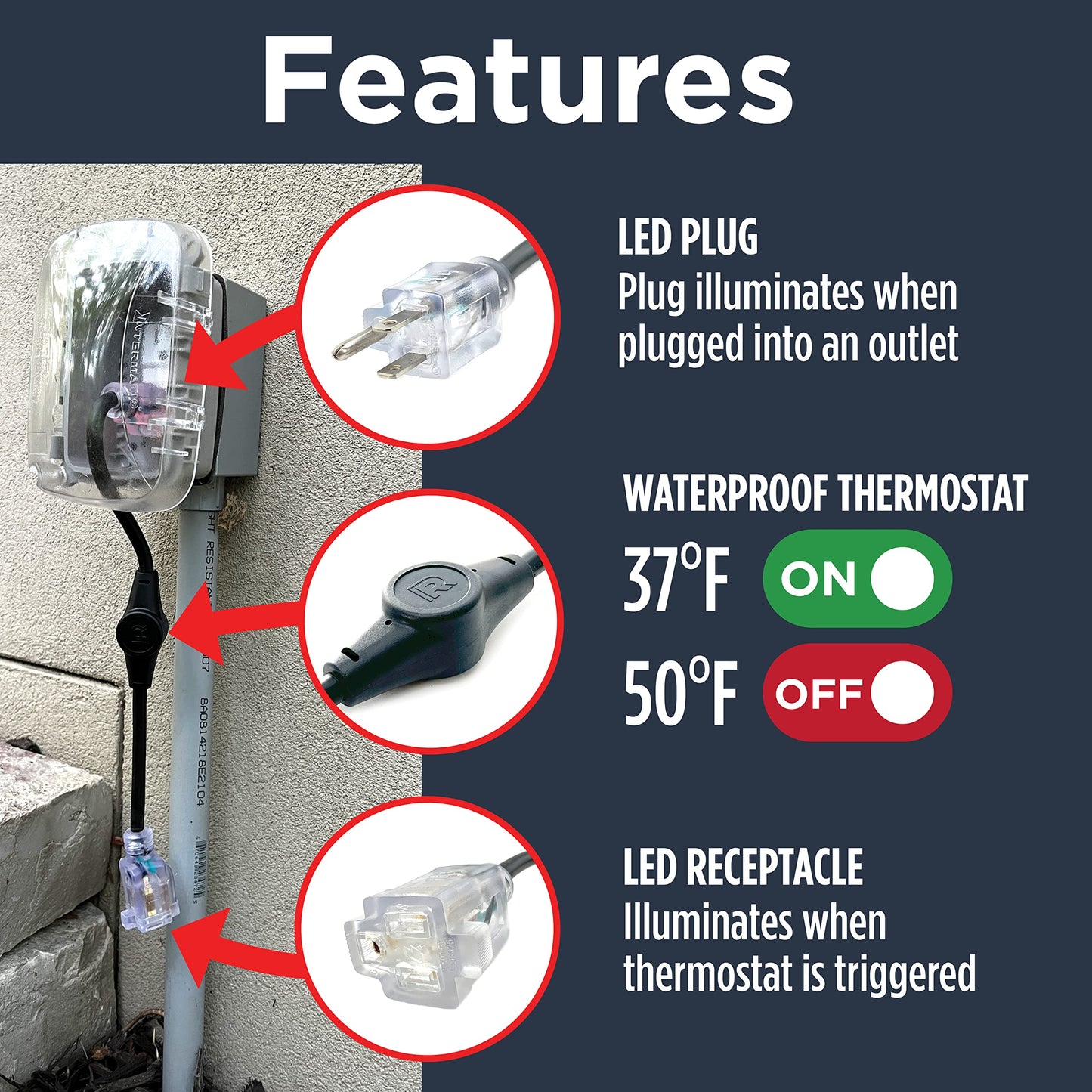 ThermaCord 120v Heat Cable Controller, Weatherproof Outdoor Thermostat, Energy-Saving, Turns Heat Cable On and Off Automatically, UL-Certified, Industrial Grade, Fits Outdoor Outlets, 16” Long