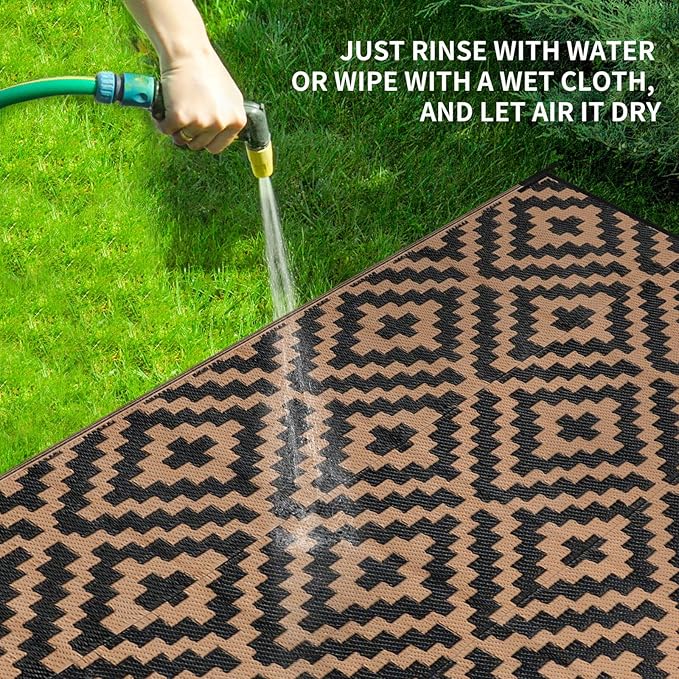 Outdoor Patio Plastic Straw Rug - 6'x9' Outdoor Camping Rug Waterproof Reversible, Area Carpet Patios Clearance RV, Outside Porch Balcony Deck for Camper, Black & Brown
