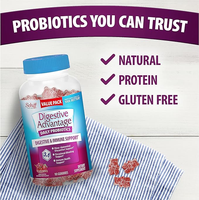 Digestive Advantage Daily Probiotic Gummies for Digestive & Gut Health for Men and Women, Superfruit Flavor, Red, 180 Count, Pack of 2