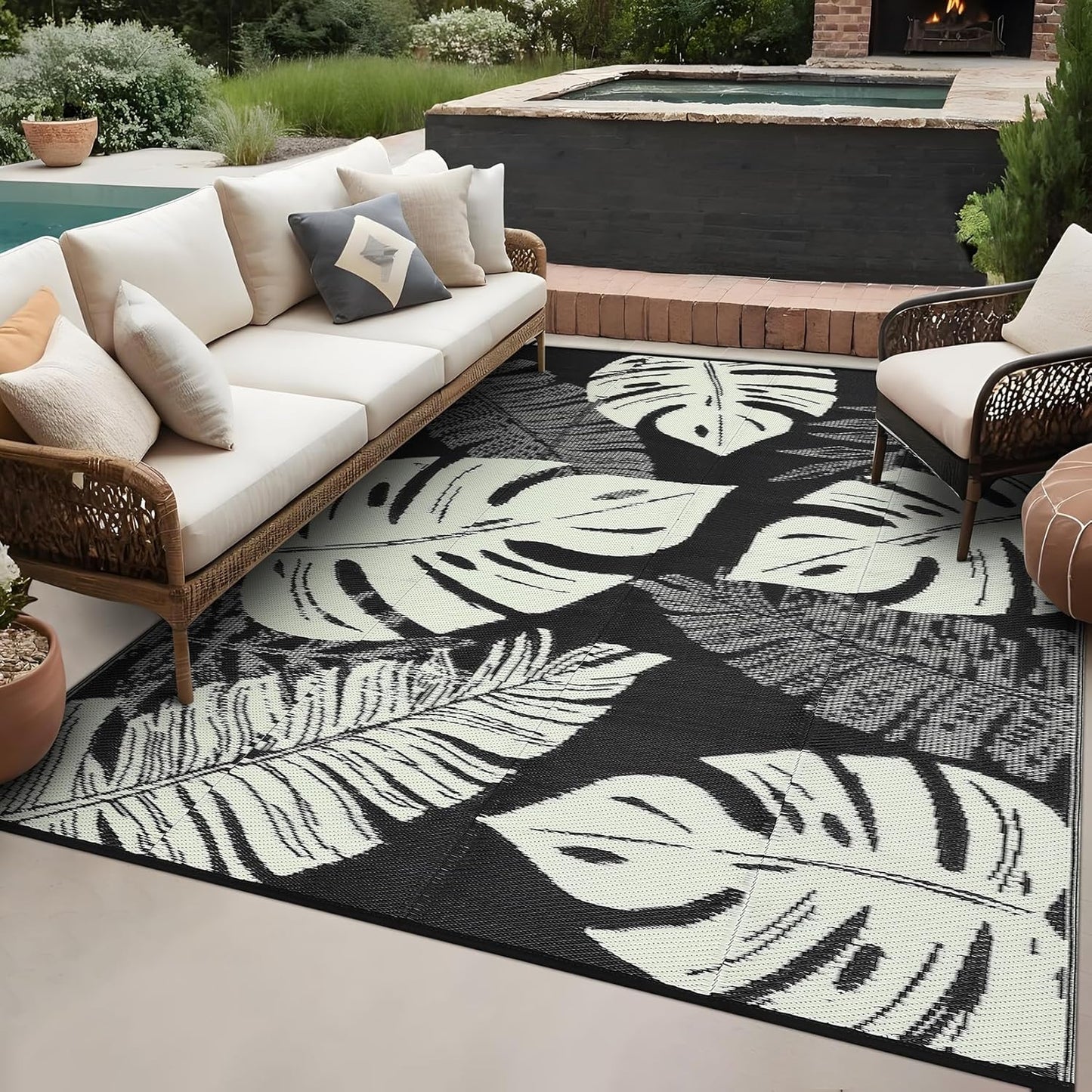GAOMON Outdoor Rug Waterproof 9x18 Patio Rug Reversible Camping Mat, Foldable Portable Outdoor Plastic Straw Rugs RV Picnic Carpet with Bag & 4 Stakes, UV Resistant Outside Carpet for Deck Balcony