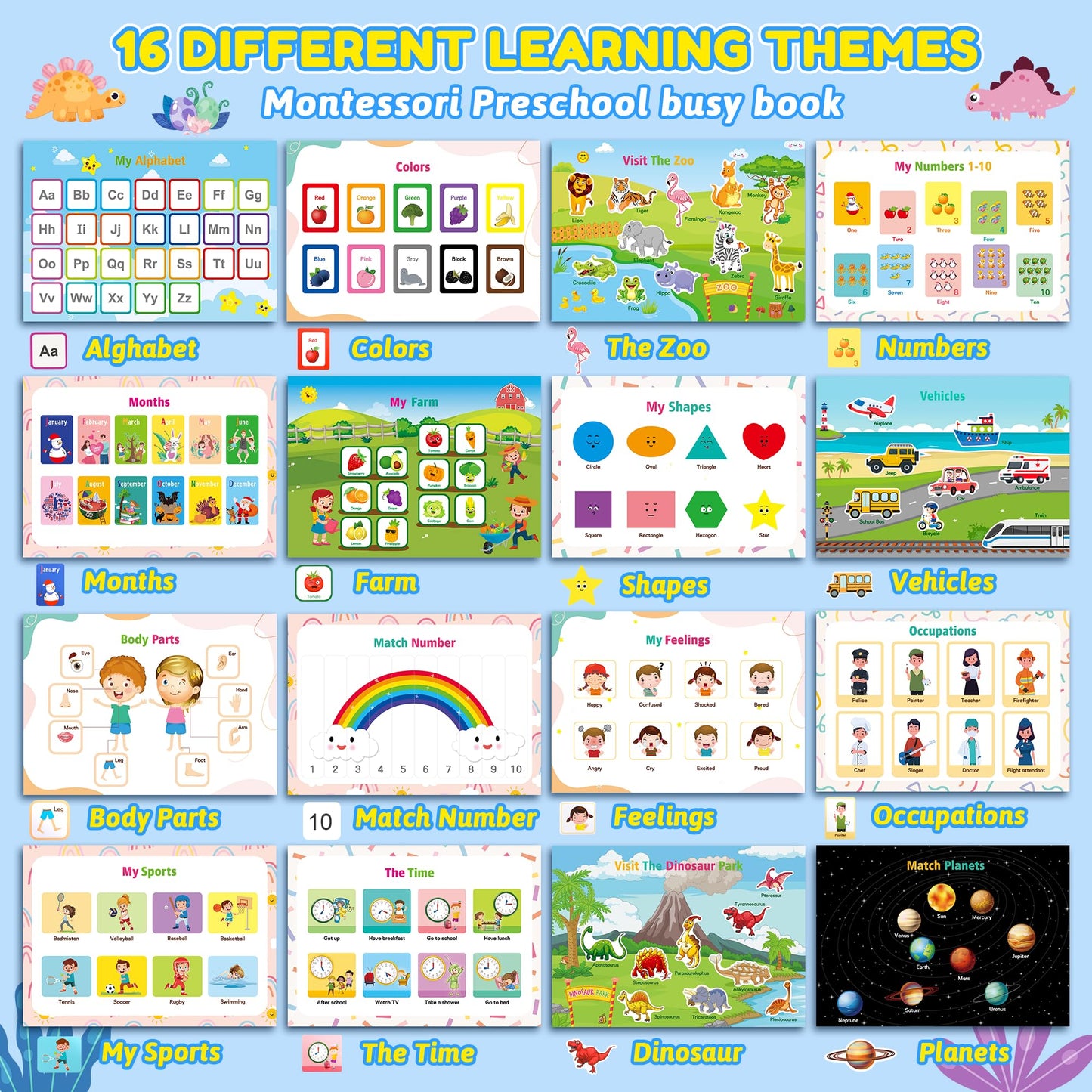 Montessori Busy Book for Toddlers 3-5, Dinosaur My Preschool Learning Activities, Education Kindergarten Sticker Workbook, Travel Toys for Kids, Birthdays Gifts for Boy and Girl Age 3 4 5 Year Old