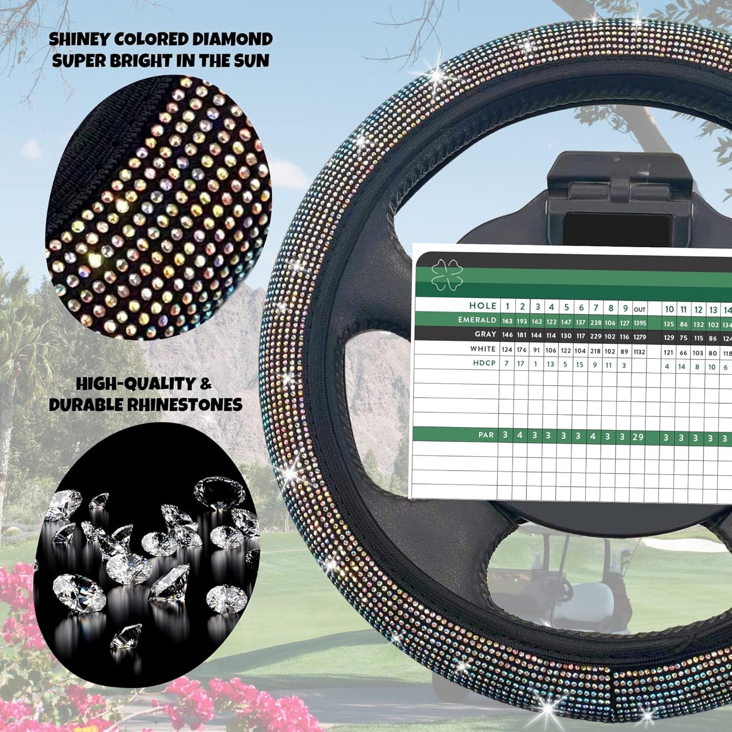Universal Colorful Bling Crystal Diamond Rhinestones Golf Cart Steering Wheel Cover fits Club Car, Yahama, EZGO, Anti Slip Cover Easy to Install, Great Gifts for Golfer Women Womens (Colored Diamond)