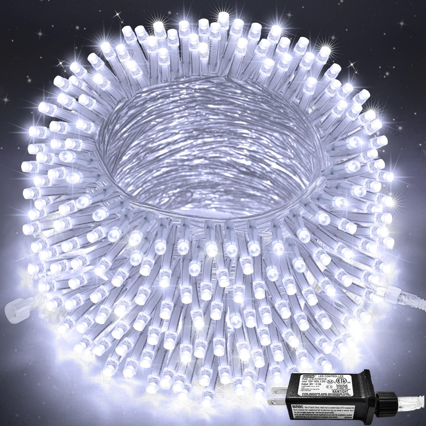 JMEXSUSS LED Christmas String Lights, 250 Count, 91.5ft, Clear Wire, 8 Modes, Indoor Outdoor, White, Model EXS-S-0250