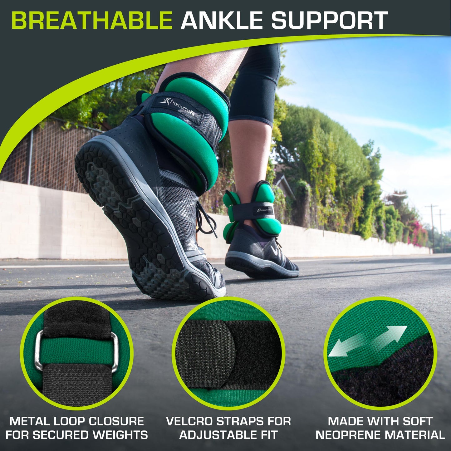 ProsourceFit Ankle / Wrist and Arm / Leg Weights Set of 2, Adjustable Strap for Men and Women, Green 1 LB