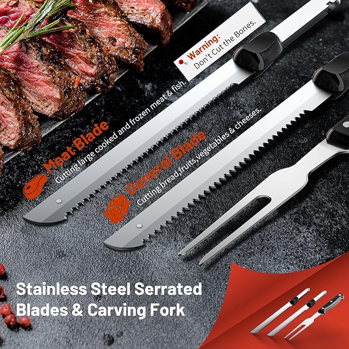 KEENSTAR Electric Knife for Carving Meat, Turkey, Bread, 150W Electric Knife Set with 2 Serrated Stainless Steel Blades & Serving Fork for Slicing Poultry, Ham & More, Ergonomic Handle & Safety Lock