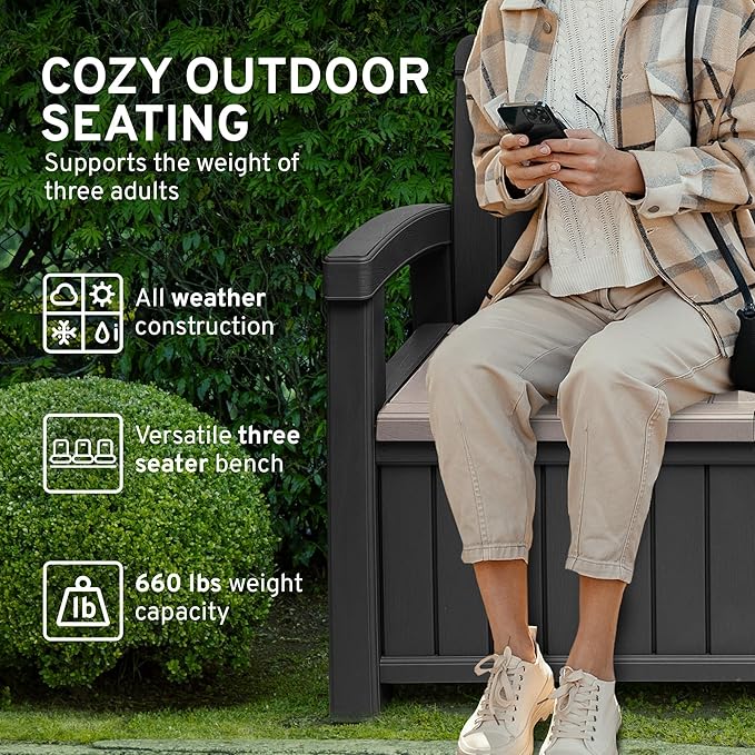 EconoHome 3 Seat Outdoor Storage Bench with Rain Cover - 90 Gallon Capacity - Weatherproof Resin Bench for Patio, Porch, Garden, Yard, Pool Area - Furniture for Pool Accessories, Gardening Tools