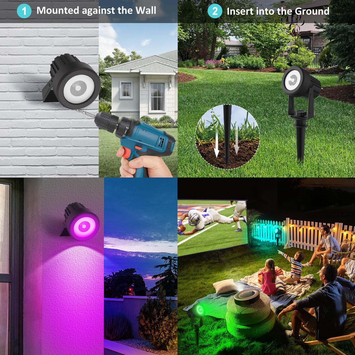T-SUNUS RGB Solar Landscape Spotlights, IP65 Waterproof, 9.8ft Cable, Multicolor, Model TS-S4201-1H-RGB-V2