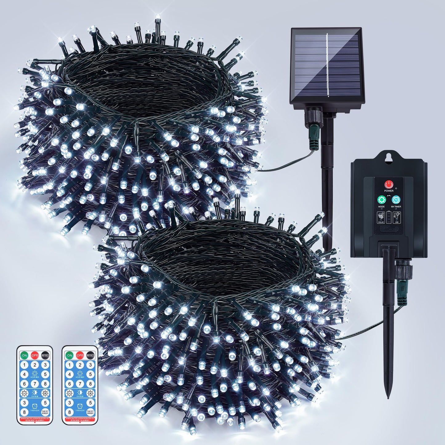 woohaha 2 Pack Solar String Lights,Each 72ft 200 LED Solar White Christmas Lights Outdoor with Remote and Timer, 8 Modes Solar T