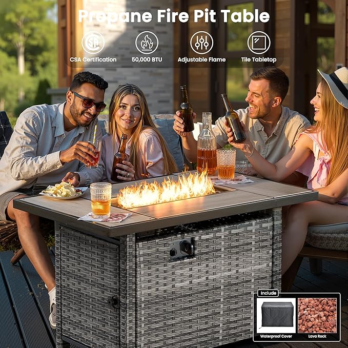 ovios 6 Pieces Patio Furniture Set with 42" Fire Pit Table, Outdoor Wicker Sofa with Comfy Cushions, All Weather High Back Rattan Couch Conversation Set, Denim Blue