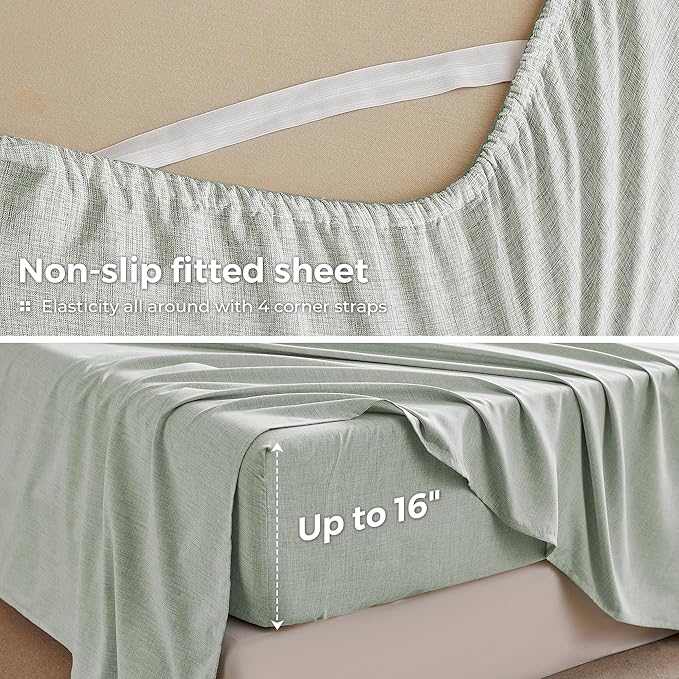 King Sheets Sage Green, Ultral Soft Cationic Linen Look Sheets, Luxury Cooling Cozy Bed Sheet Set with Non-Slip Fitted Sheet