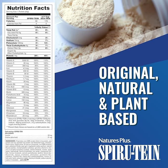 Natures Plus SPIRU-TEIN, Chocolate - 8 Total Packets - Plant-Based Protein Shake - Non-GMO, Vegetarian, Gluten Free - 8 Total Servings