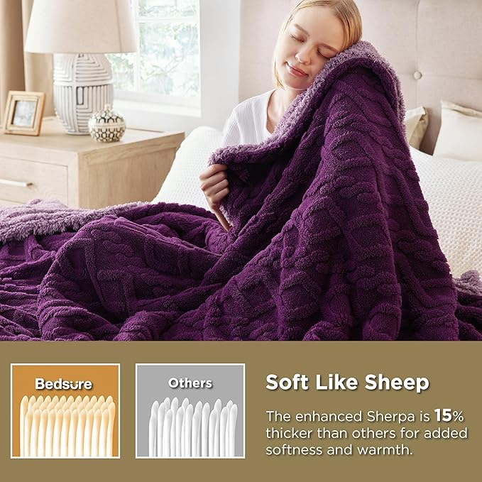 Bedsure Sherpa Queen Size Blanket for Bed - GentleSoft Fleece Fluffy & Cozy Cable Jacquard Tufted for Women Gift, Thick and Warm Blankets for Winter, Purple, 90x90 Inches