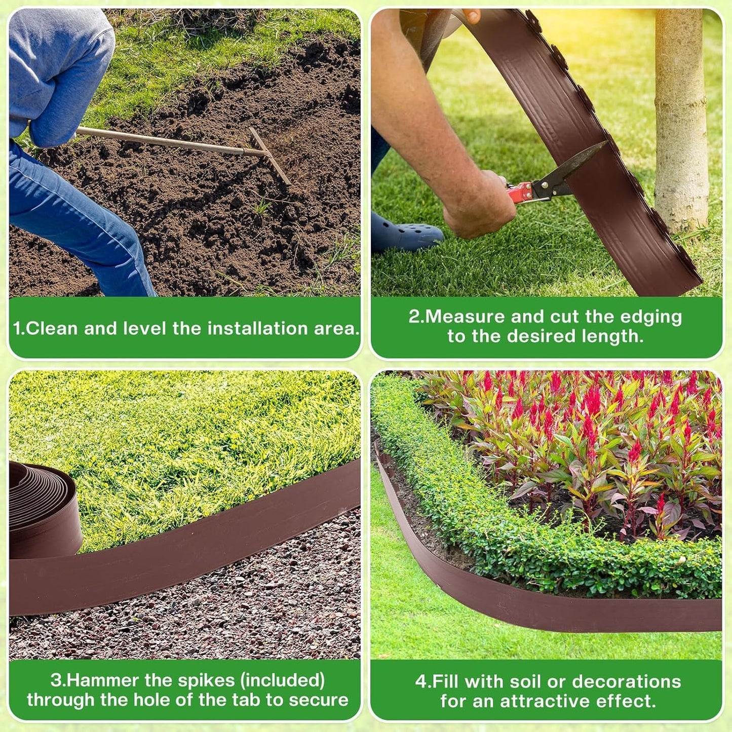 Landscape Edging Coil 66 FT, 4 Inch Tall Garden Edging Border Flexible Lawn Edging Kit with 60 Spikes, Plastic Edging for Landscaping Flower Beds Yard Pathway Paver Edging (4IN x 66FT, Brown)