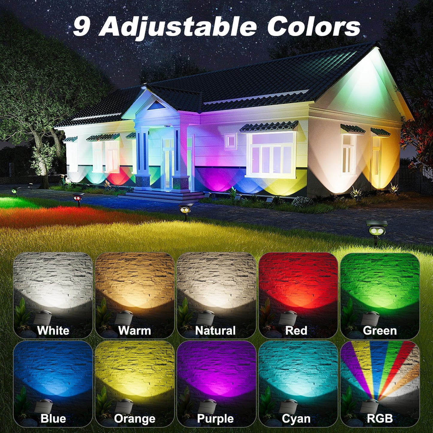 Mofoyeah Solar Spot Lights Outdoor Waterproof Ip68  Super Bright Led Landscape Lighting With 9 Colors 3 Brightness Fixable Colors For Yard Pathway Garden House Lawn