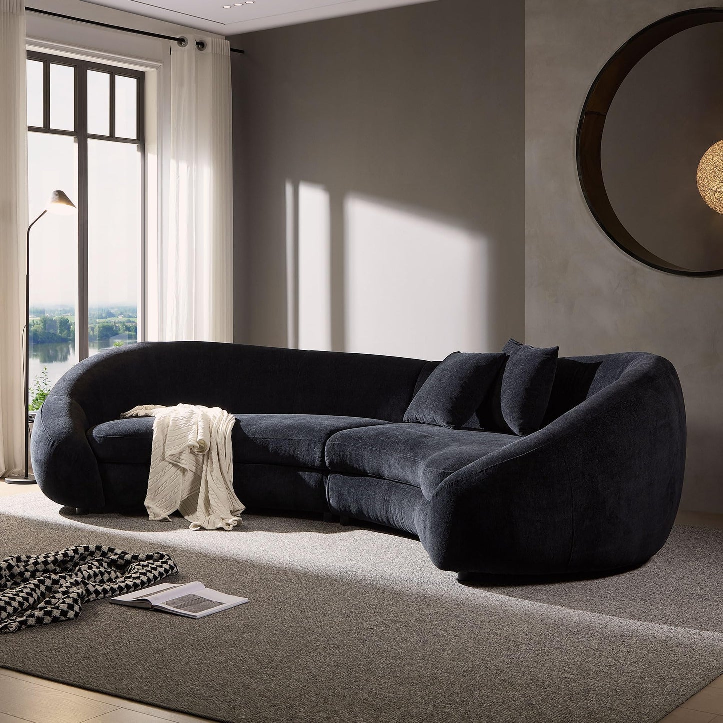KEIKI 126" Curved Oversized Boucle Sectional Sofa with Love Heart Design, Modern 5-Seater Polyester Couch with 2 Decorative Pillows and Rolled Arms, Easy Assembly, for Apartment, Living Room, Black