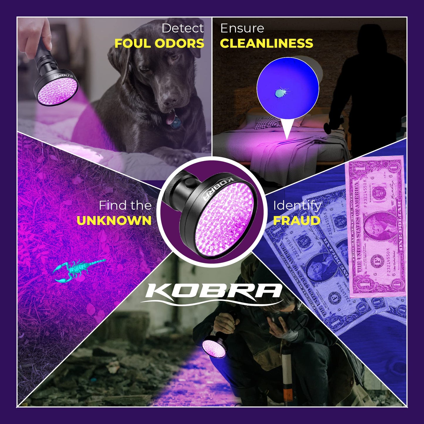 Kobra Black 100 Led Uv Flashlight - 18W Blacklight For Home Inspection, Pet Stains, And   Detection