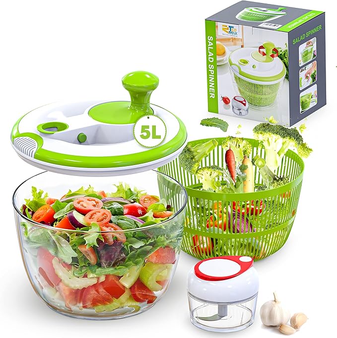 RTMAXCO Salad Spinner, 5L Large Capacity Lettuce Washer with Easy Spin Mechanism, BPA-Free Vegetable Dryer for Kitchen.