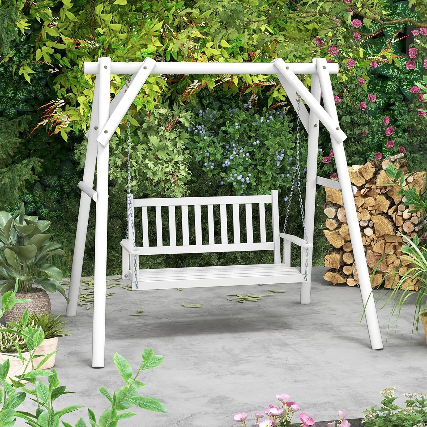 HAPPYGRILL Wooden Outdoor Porch Swing for 2, Patio Hanging Bench Chair with 500 LBS Weight Capacity, 5.6 FT Adjustable Upper Chains, Slatted Back, Swing Bench for Garden, Backyard