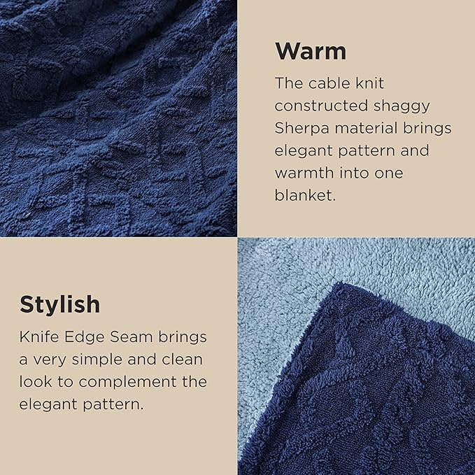 Bedsure Sherpa King Size Blanket for Bed- GentleSoft Fleece Fluffy & Cozy Cable Jacquard Tufted for Women Gift, Thick and Warm Blankets for Winter, Navy, 108x90 Inches