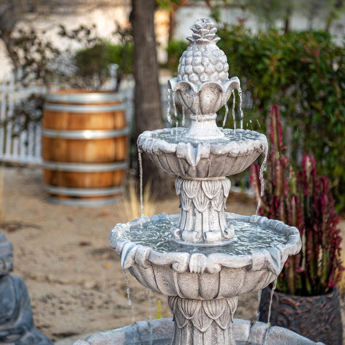 58.3" Leaf Water Fountain, 3-Tier, Outdoor, Gray Resin, Pump