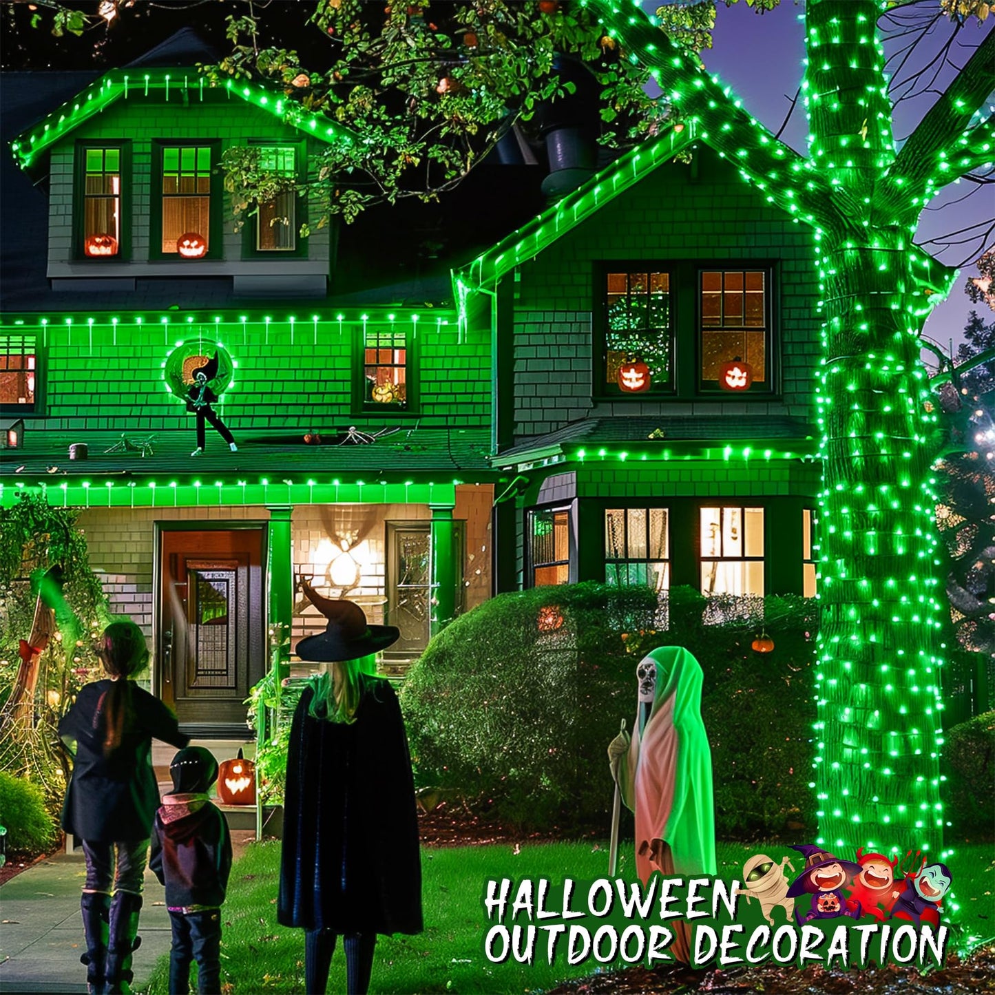 JMEXSUSS 600 Green LED String Lights, Waterproof, 8 Modes, Clear Wire, Model EXS-S-0600, for Outdoor Halloween & St. Patricks Day Decor