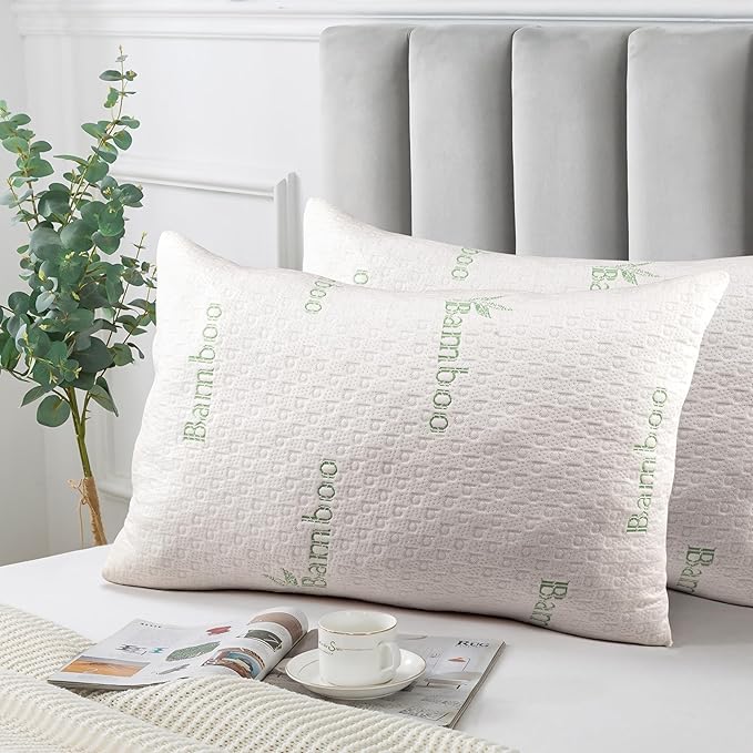 Queen Size Bamboo Pillow for Sleeping with Plush Fiber Fill Pillow Queen Size Set of 2, for Side Back Stomach Sleeper with Adjustable to Soft/Firm, Washable Cover, (Pack of 2)