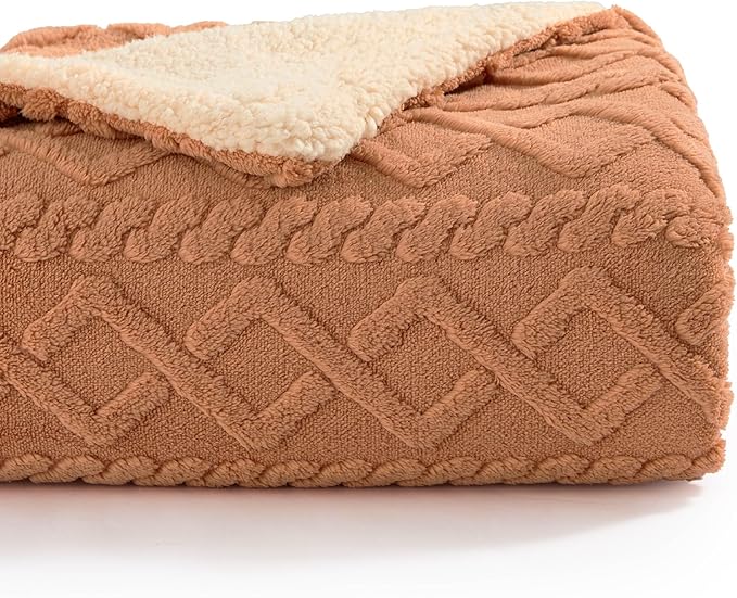 Bedsure Sherpa Fleece Throw Blanket for Couch - GentleSoft Fluffy & Cozy Cable Jacquard Tufted Throw for Women Gift, Thick and Warm Blankets for Winter, Light Brown, 50x60 Inches