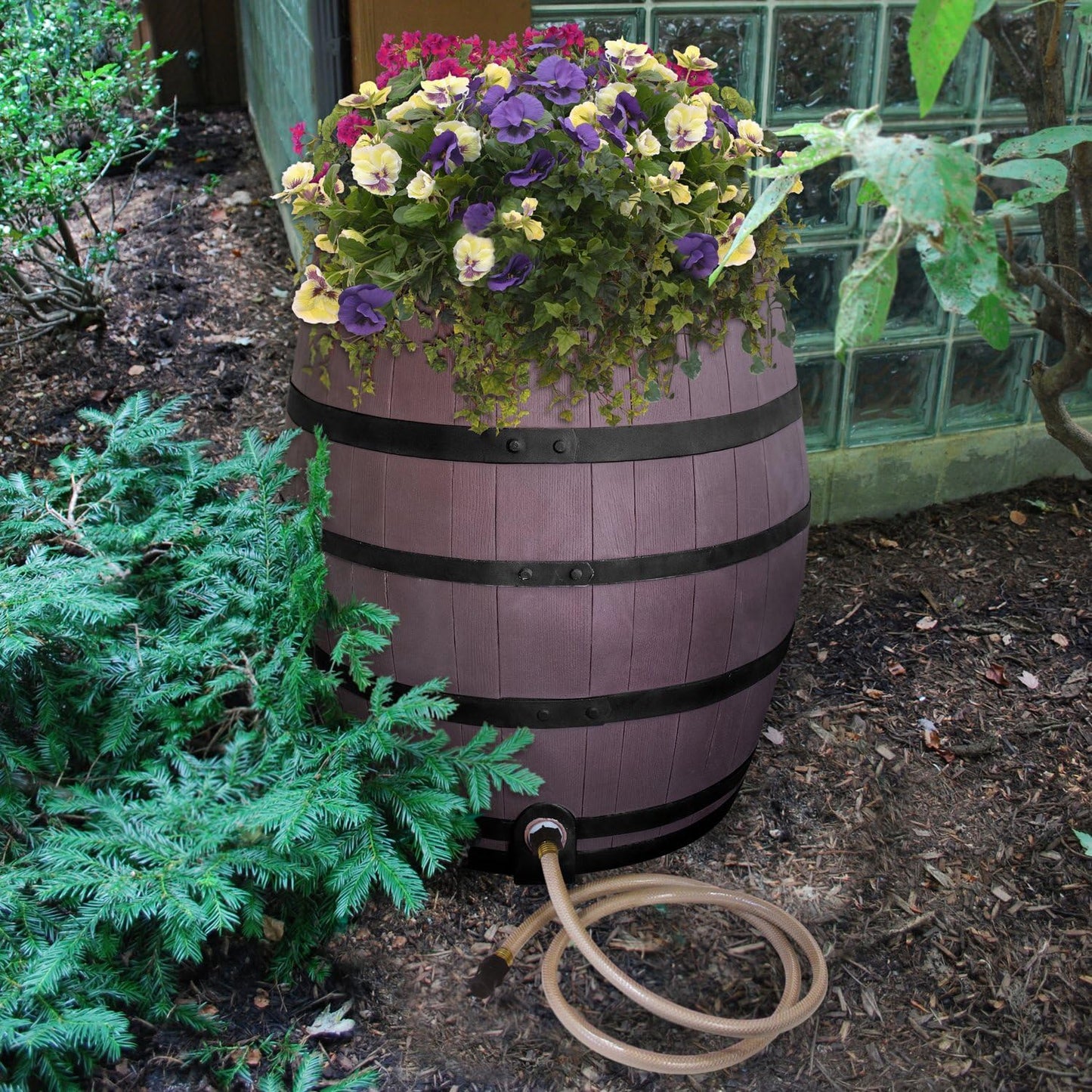 Rescue 50-Gallon Whiskey Rain Barrel with Black Bands – Includes Planter, Rain Water Diverter, Outlet Hose – Flatback Design – Brown