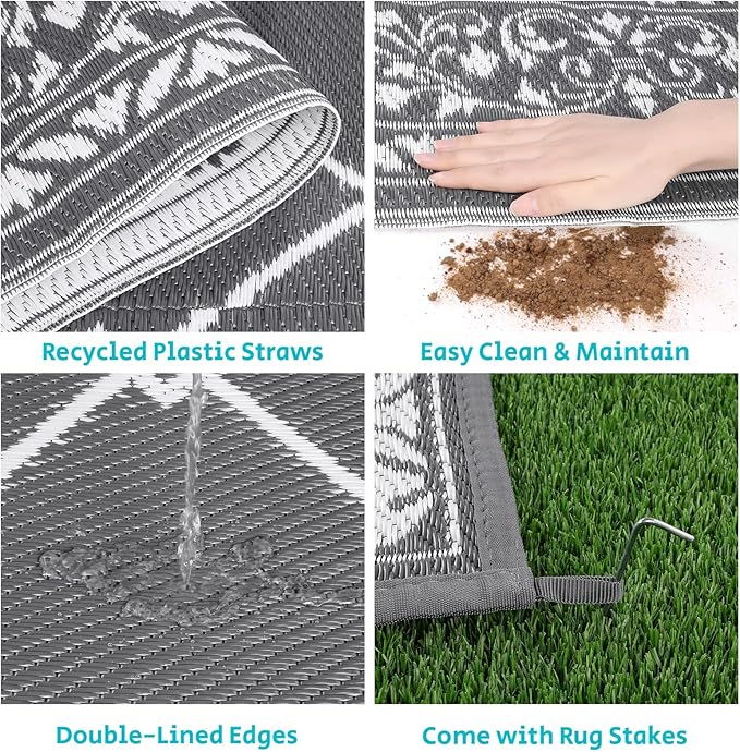 HEBE Outdoor Rug 8'x10' for Patios Waterproof Clearance Reversible Patio Mat Plastic Straw Rug RV Camping Mat Outside Area Rug Carpet for Camping RV,Porch,Deck,Balcony,Camper,Backyard