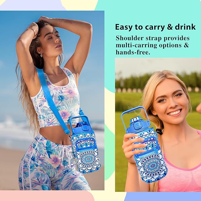 64 oz Water Bottle with Straw Sleeve & Strap Motivational Half Gallon Water Jug with Handle for Gym Women Men Aesthetic Water Bottle with Strap Datura