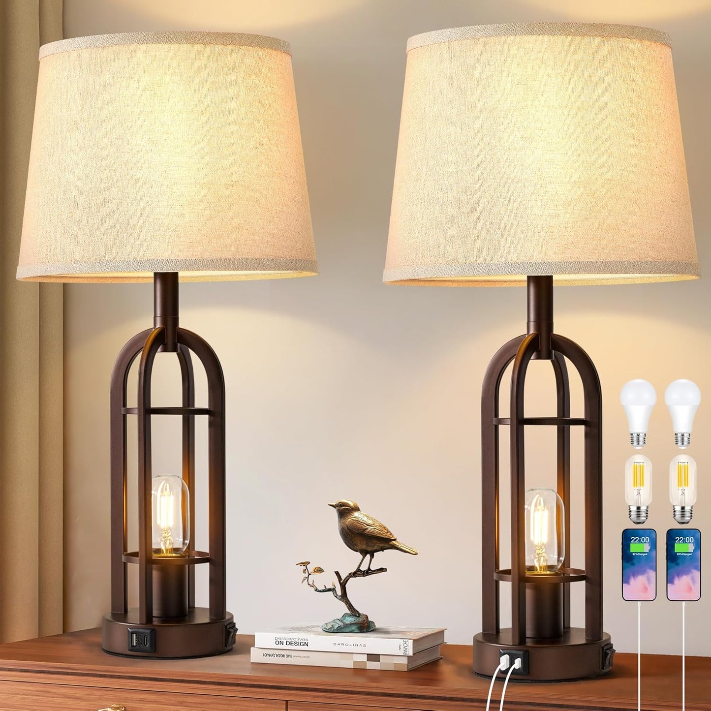 Table Lamps for Living Room End Table Set of 2 - Farmhouse Industrial Bedside Lamps for Bedroom Nightstand with Nightlight and USB A+C, 4 Bulbs Included