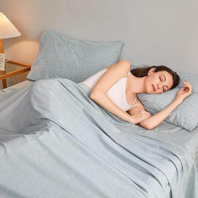 King Sheets Blue, Ultral Soft Cationic Linen Look Sheets, Luxury Cooling Cozy Bed Sheet Set with Non-Slip Fitted Sheet
