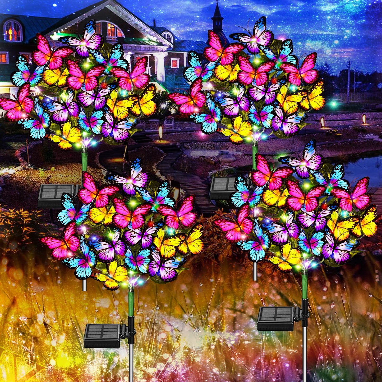 Solar Garden Lights Solar Lights Outdoor Waterproof Solar Lights 4 Pack With New Upgraded 144 Led 68 Butterflys Outdoor Solar Lights For Yard Outside Garden Pathway Decor Gifts For Women