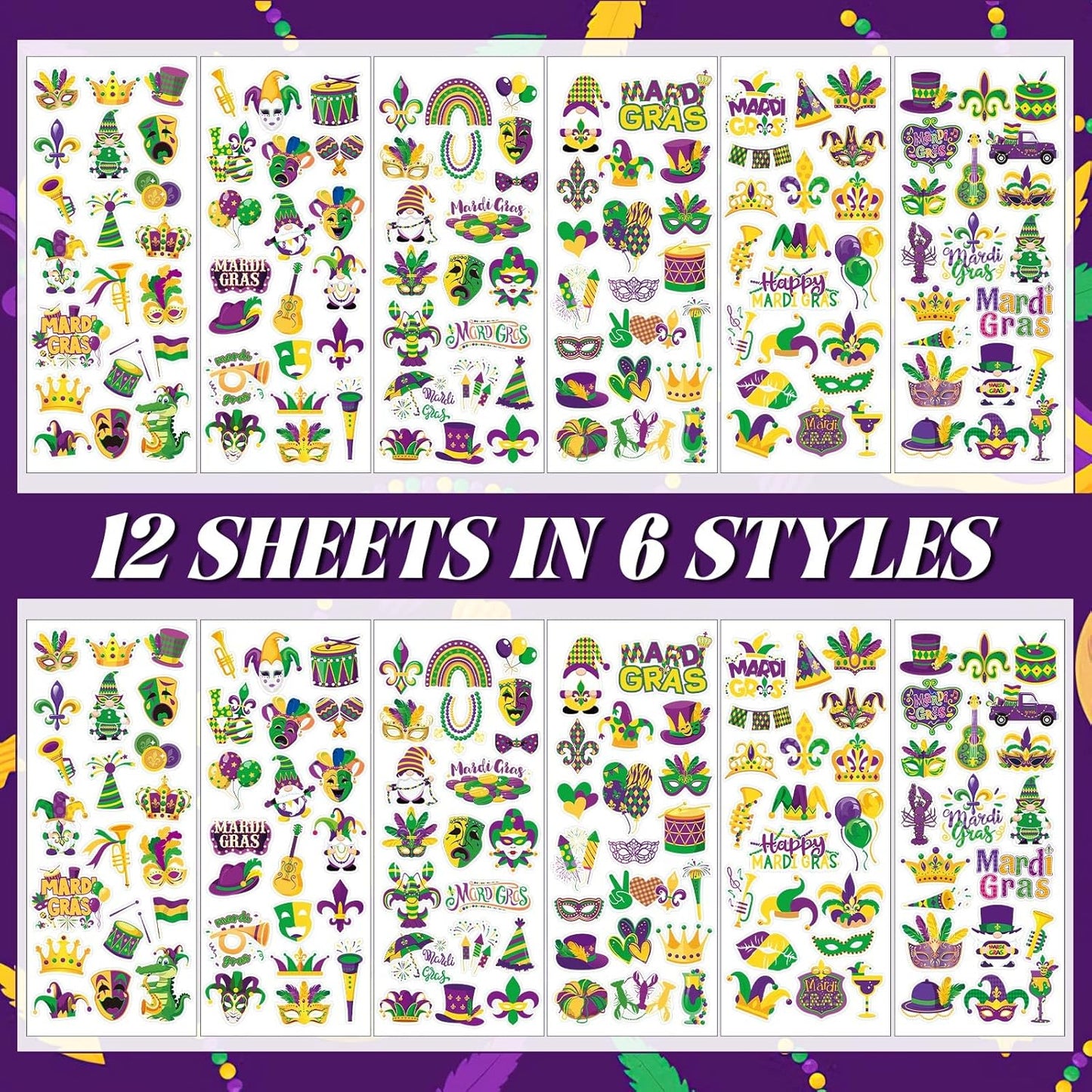 UPINS 240 Pcs Mardi Gras Stickers, 3D Puffy Self-Adhesive Carnival Stickers, Multicolored, Not Water Resistant, Kid