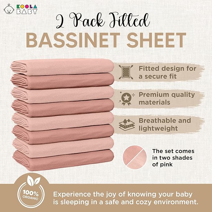 KoolerThings Bassinet Fitted Sheets - Compatible with SNOO Happiest Baby Oval Bassinet | 100% Organic Jersey Cotton - Light Pink + Dark Pink | 30x16 (2 Pack)