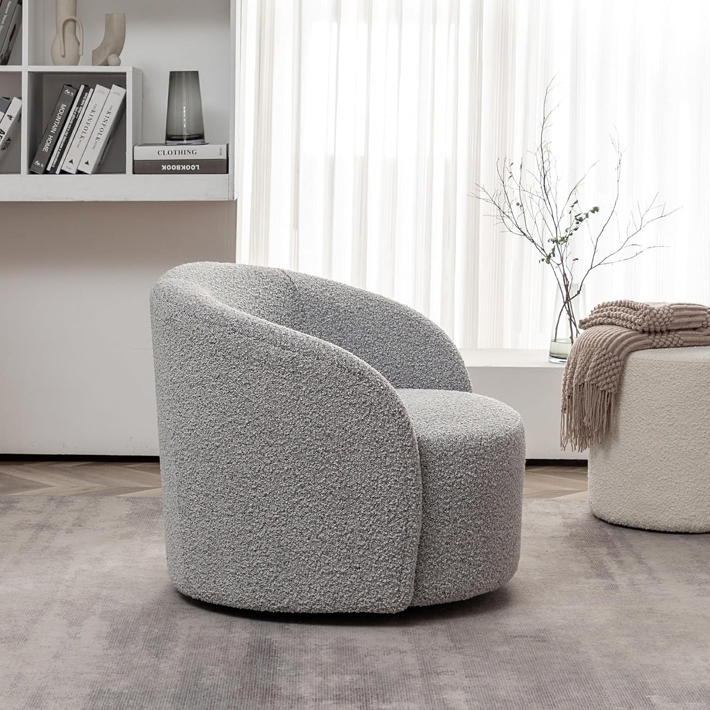 KINWELL 34" W Mid Century Modern Swivel Barrel Chair, Round Upholstered Boucle Swivel Accent Chairs, No Assembly Sofa Chair for Living Room Bedroom Reading Apartment Lounge Nursery(Black White)