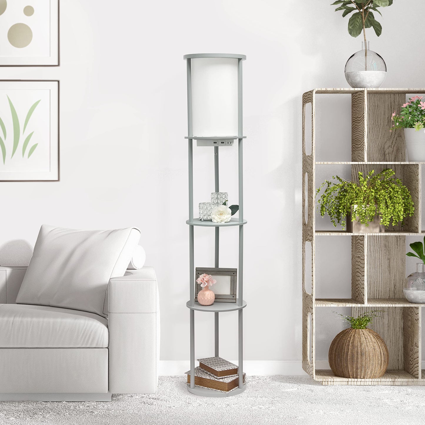 Simple Designs LF2010-GRY 62.5in Round Floor Lamp with USB Ports, Gray